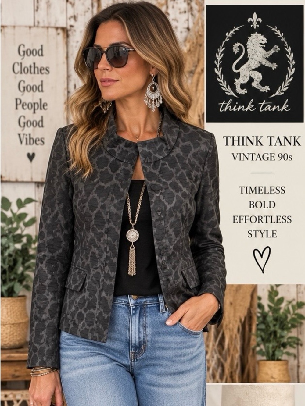 “Vintage 90s Lat Naylor Think Tank Leopard Jacquard Jacket Blazer S”.